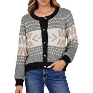Saodimallsu Womens Button Up Cardigan Sweaters Crew Neck Vintage Fair Isle Long Sleeve Warm Knit Christmas Sweater Coats(Beige)