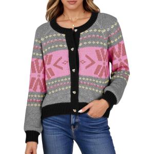 Saodimallsu Womens Button Up Cardigan Sweaters Crew Neck Vintage Fair Isle Long Sleeve Warm Knit Christmas Sweater Coats(Pink)