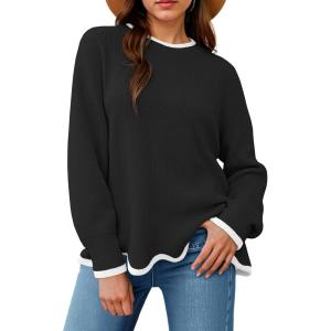 Saodimallsu Womens Contrast Color Pullover Sweaters Crewneck Knit Tops with Wave Hem Long Sleeve Sweater Fall 2025(Black)