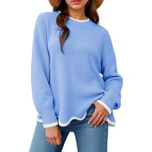 Saodimallsu Womens Contrast Color Pullover Sweaters Crewneck Knit Tops with Wave Hem Long Sleeve Sweater Fall 2025(Blue)