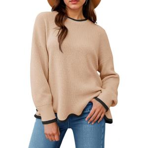 Saodimallsu Womens Contrast Color Pullover Sweaters Crewneck Knit Tops with Wave Hem Long Sleeve Sweater Fall 2025(Dark Khaki)