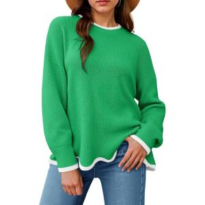 Saodimallsu Womens Contrast Color Pullover Sweaters Crewneck Knit Tops with Wave Hem Long Sleeve Sweater Fall 2025(Green)