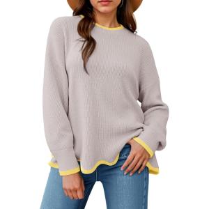 Saodimallsu Womens Contrast Color Pullover Sweaters Crewneck Knit Tops with Wave Hem Long Sleeve Sweater Fall 2025(Khaki)