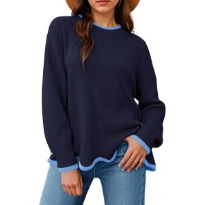 Saodimallsu Womens Contrast Color Pullover Sweaters Crewneck Knit Tops with Wave Hem Long Sleeve Sweater Fall 2025(Navy)