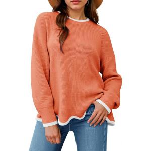 Saodimallsu Womens Contrast Color Pullover Sweaters Crewneck Knit Tops with Wave Hem Long Sleeve Sweater Fall 2025(Orange)