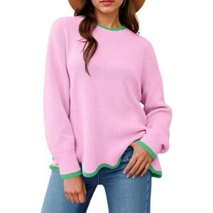 Saodimallsu Womens Contrast Color Pullover Sweaters Crewneck Knit Tops with Wave Hem Long Sleeve Sweater Fall 2025(Pink)