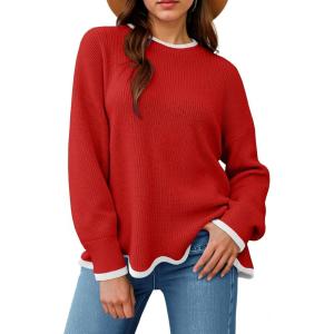 Saodimallsu Womens Contrast Color Pullover Sweaters Crewneck Knit Tops with Wave Hem Long Sleeve Sweater Fall 2025(Red)