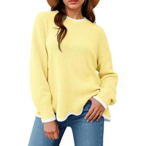 Saodimallsu Womens Contrast Color Pullover Sweaters Crewneck Knit Tops with Wave Hem Long Sleeve Sweater Fall 2025(Yellow)
