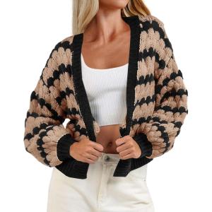 Saodimallsu Womens Cropped Cardigan Striped Open Front Long Lantern Sleeve Color Block Loose Chunky Knit Sweater Coat(Brown)
