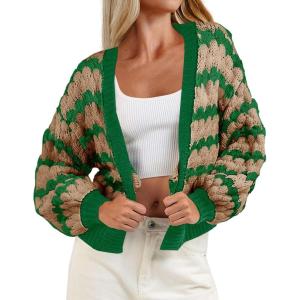 Saodimallsu Womens Cropped Cardigan Striped Open Front Long Lantern Sleeve Color Block Loose Chunky Knit Sweater Coat(Green)