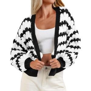 Saodimallsu Womens Cropped Cardigan Striped Open Front Long Lantern Sleeve Color Block Loose Chunky Knit Sweater Coat(White)