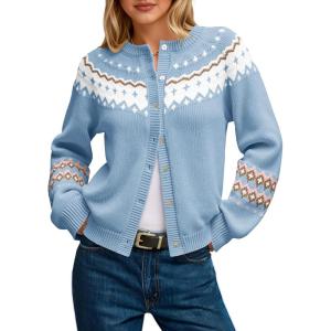 Saodimallsu Womens Fair Isle Sweater Button Up Long Sleeve Cardigans Crew Neck Open Front Knit Vintage Sweater Coats(Azure)