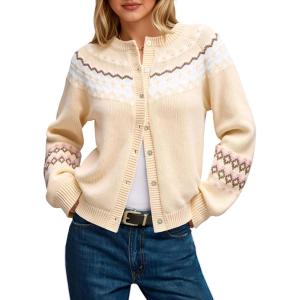 Saodimallsu Womens Fair Isle Sweater Button Up Long Sleeve Cardigans Crew Neck Open Front Knit Vintage Sweater Coats(Beige)