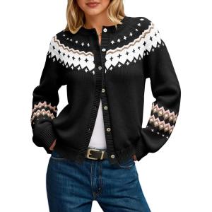 Saodimallsu Womens Fair Isle Sweater Button Up Long Sleeve Cardigans Crew Neck Open Front Knit Vintage Sweater Coats(Black)