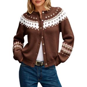 Saodimallsu Womens Fair Isle Sweater Button Up Long Sleeve Cardigans Crew Neck Open Front Knit Vintage Sweater Coats(Brown)