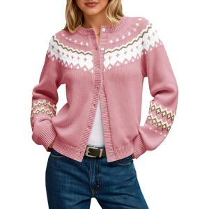 Saodimallsu Womens Fair Isle Sweater Button Up Long Sleeve Cardigans Crew Neck Open Front Knit Vintage Sweater Coats(Pink)