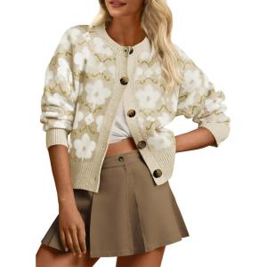 Saodimallsu Womens Floral Cardigan Sweaters Long Sleeve Open Front Button Down Knit Retro Sweater Coat Outwear Fall 2025(Beige)