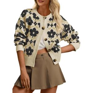Saodimallsu Womens Floral Cardigan Sweaters Long Sleeve Open Front Button Down Knit Retro Sweater Coat Outwear Fall 2025(Black)