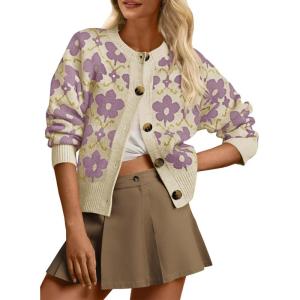 Saodimallsu Womens Floral Cardigan Sweaters Long Sleeve Open Front Button Down Knit Retro Sweater Coat Outwear Fall 2025(Fuchsia)