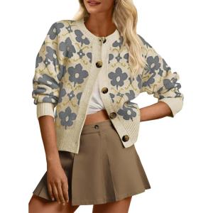Saodimallsu Womens Floral Cardigan Sweaters Long Sleeve Open Front Button Down Knit Retro Sweater Coat Outwear Fall 2025(Grey)