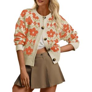 Saodimallsu Womens Floral Cardigan Sweaters Long Sleeve Open Front Button Down Knit Retro Sweater Coat Outwear Fall 2025(Orange)