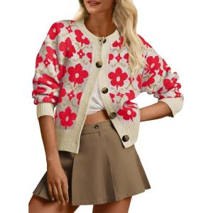 Saodimallsu Womens Floral Cardigan Sweaters Long Sleeve Open Front Button Down Knit Retro Sweater Coat Outwear Fall 2025(Red)