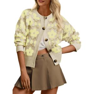 Saodimallsu Womens Floral Cardigan Sweaters Long Sleeve Open Front Button Down Knit Retro Sweater Coat Outwear Fall 2025(Yellow)