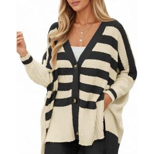 Saodimallsu Womens Oversized Striped Cardigan Sweaters V Neck Fuzzy Knit Button Up Side Slit Fall Sweater Coats(Beige)