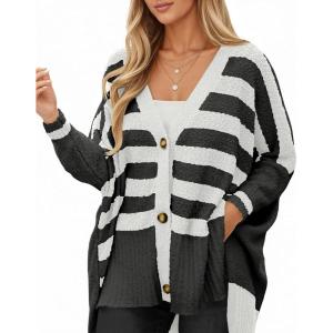 Saodimallsu Womens Oversized Striped Cardigan Sweaters V Neck Fuzzy Knit Button Up Side Slit Fall Sweater Coats(Black)