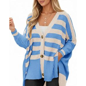 Saodimallsu Womens Oversized Striped Cardigan Sweaters V Neck Fuzzy Knit Button Up Side Slit Fall Sweater Coats(Blue)