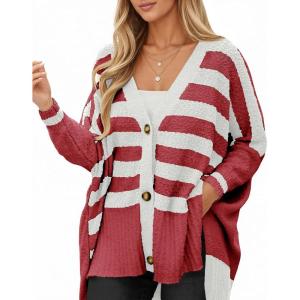 Saodimallsu Womens Oversized Striped Cardigan Sweaters V Neck Fuzzy Knit Button Up Side Slit Fall Sweater Coats(Burgundy)