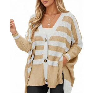 Saodimallsu Womens Oversized Striped Cardigan Sweaters V Neck Fuzzy Knit Button Up Side Slit Fall Sweater Coats(Khaki)
