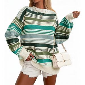Saodimallsu Womens Striped Sweater Color Block Crew Neck Long Sleeve Fall Colorful Rainbow Knit Loose Pullover Top(Army Green)