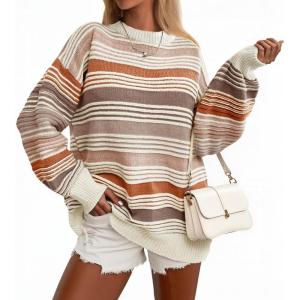 Saodimallsu Womens Striped Sweater Color Block Crew Neck Long Sleeve Fall Colorful Rainbow Knit Loose Pullover Top(Coffee)