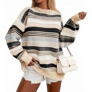 Saodimallsu Womens Striped Sweater Color Block Crew Neck Long Sleeve Fall Colorful Rainbow Knit Loose Pullover Top(Khaki)