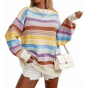 Saodimallsu Womens Striped Sweater Color Block Crew Neck Long Sleeve Fall Colorful Rainbow Knit Loose Pullover Top(White)
