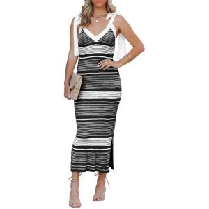 Saodimallsu Womens Summer Midi Bodycon Sweater Dress Sexy V Neck Tie Shoulder Striped Knit Side Slit Sleeveless Tank Dresses(Black)