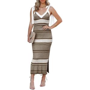 Saodimallsu Womens Summer Midi Bodycon Sweater Dress Sexy V Neck Tie Shoulder Striped Knit Side Slit Sleeveless Tank Dresses(Brown)