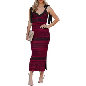 Saodimallsu Womens Summer Midi Bodycon Sweater Dress Sexy V Neck Tie Shoulder Striped Knit Side Slit Sleeveless Tank Dresses(Red)