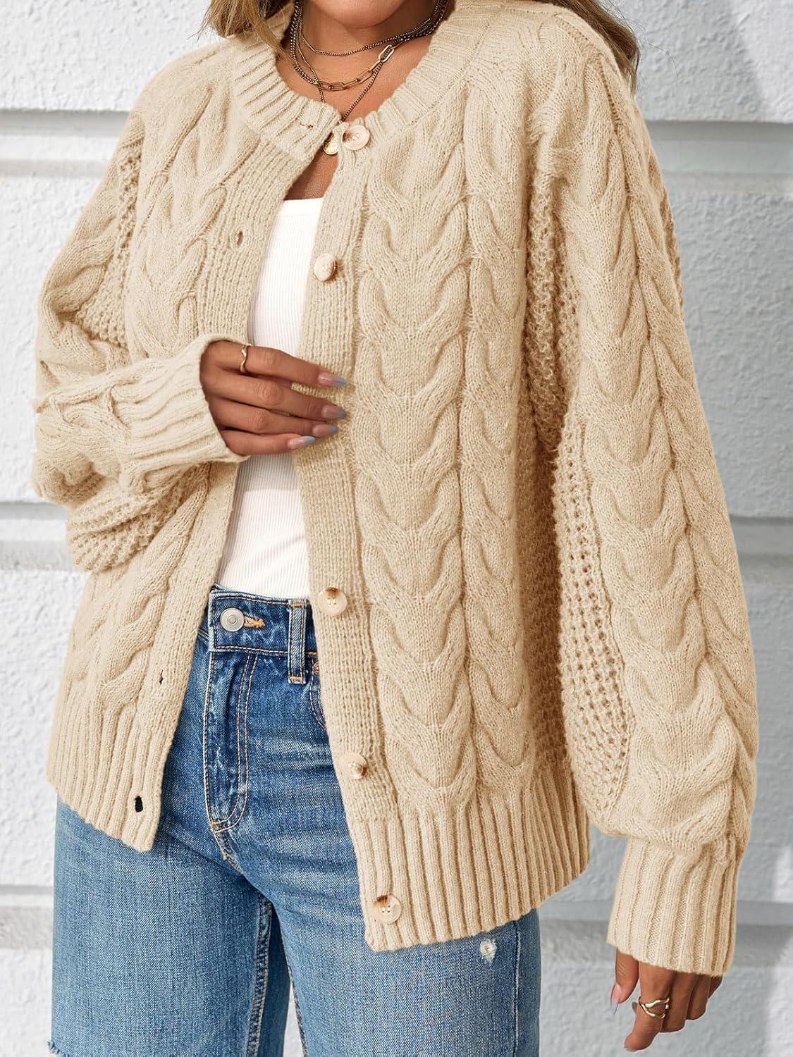 imageSaodimallsu Womens Cable Knit Cardigan Sweaters Button Up Crew Neck Long Sleeve Loose Fall Trendy Sweater CoatsApricot