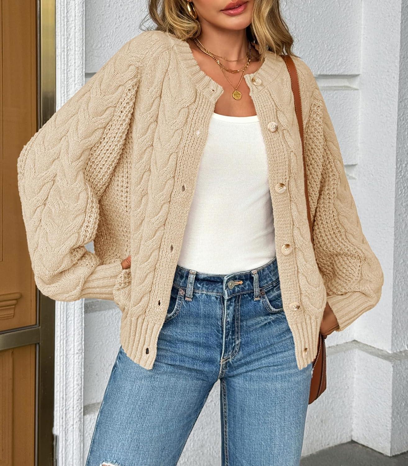 imageSaodimallsu Womens Cable Knit Cardigan Sweaters Button Up Crew Neck Long Sleeve Loose Fall Trendy Sweater CoatsApricot