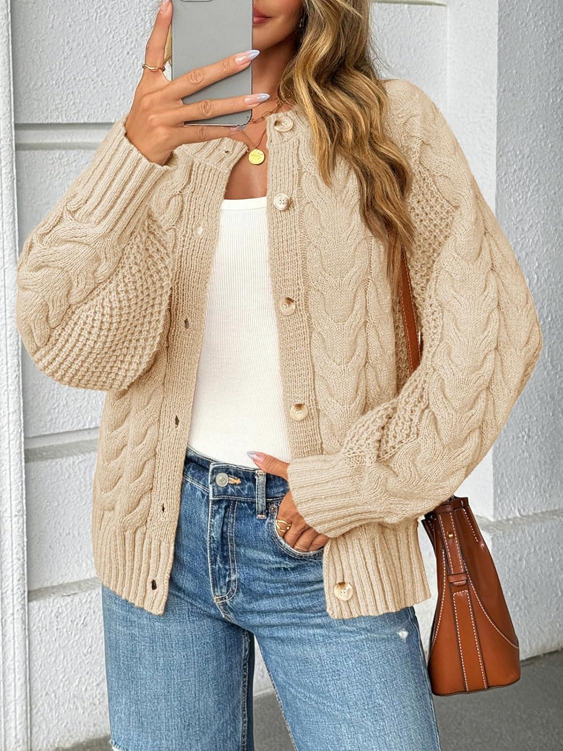 imageSaodimallsu Womens Cable Knit Cardigan Sweaters Button Up Crew Neck Long Sleeve Loose Fall Trendy Sweater CoatsApricot