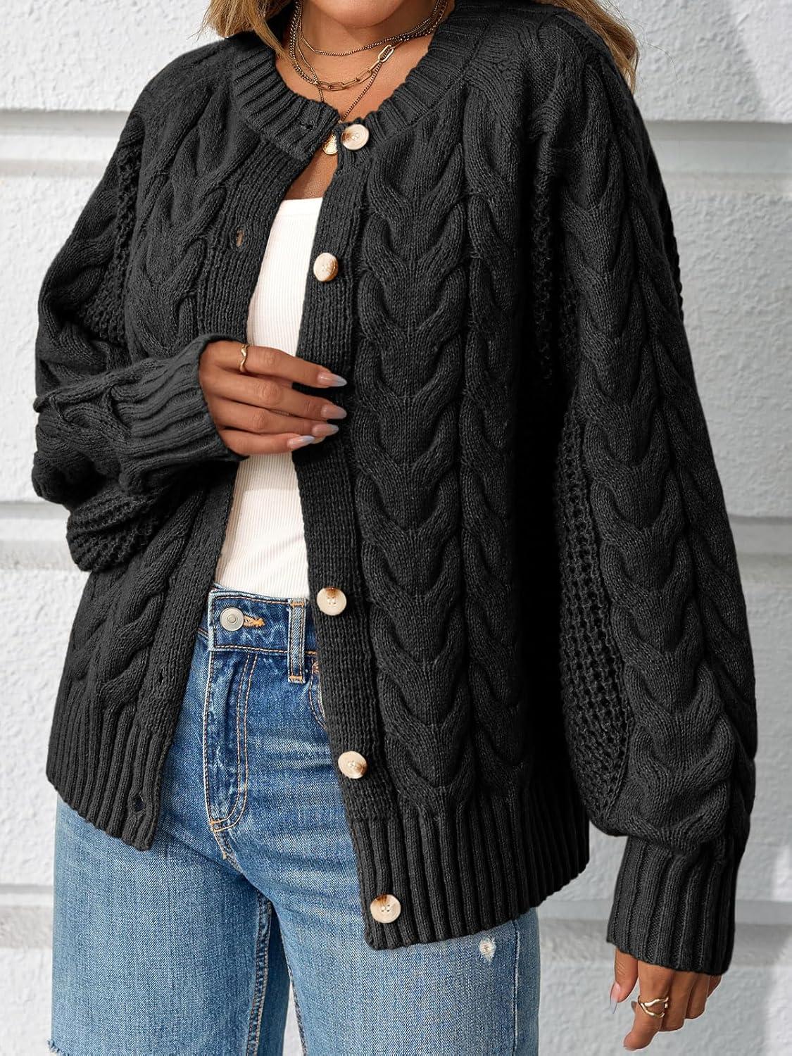 imageSaodimallsu Womens Cable Knit Cardigan Sweaters Button Up Crew Neck Long Sleeve Loose Fall Trendy Sweater CoatsBlack