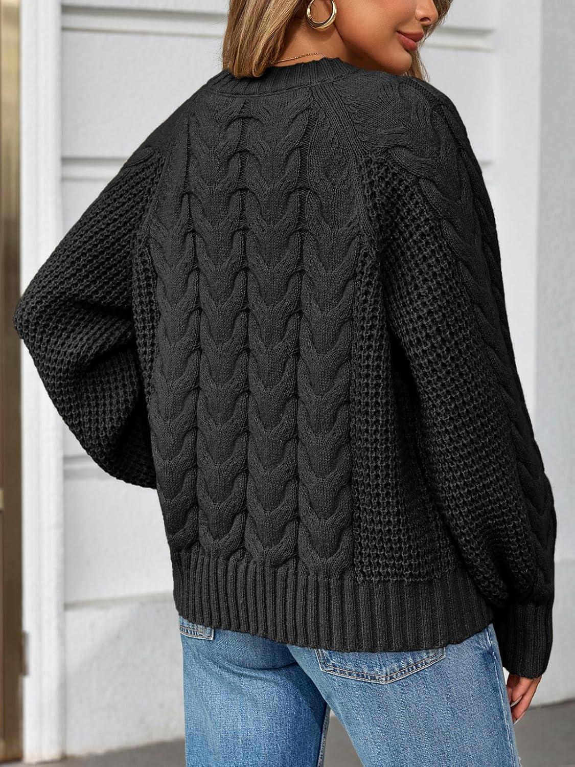 imageSaodimallsu Womens Cable Knit Cardigan Sweaters Button Up Crew Neck Long Sleeve Loose Fall Trendy Sweater CoatsBlack