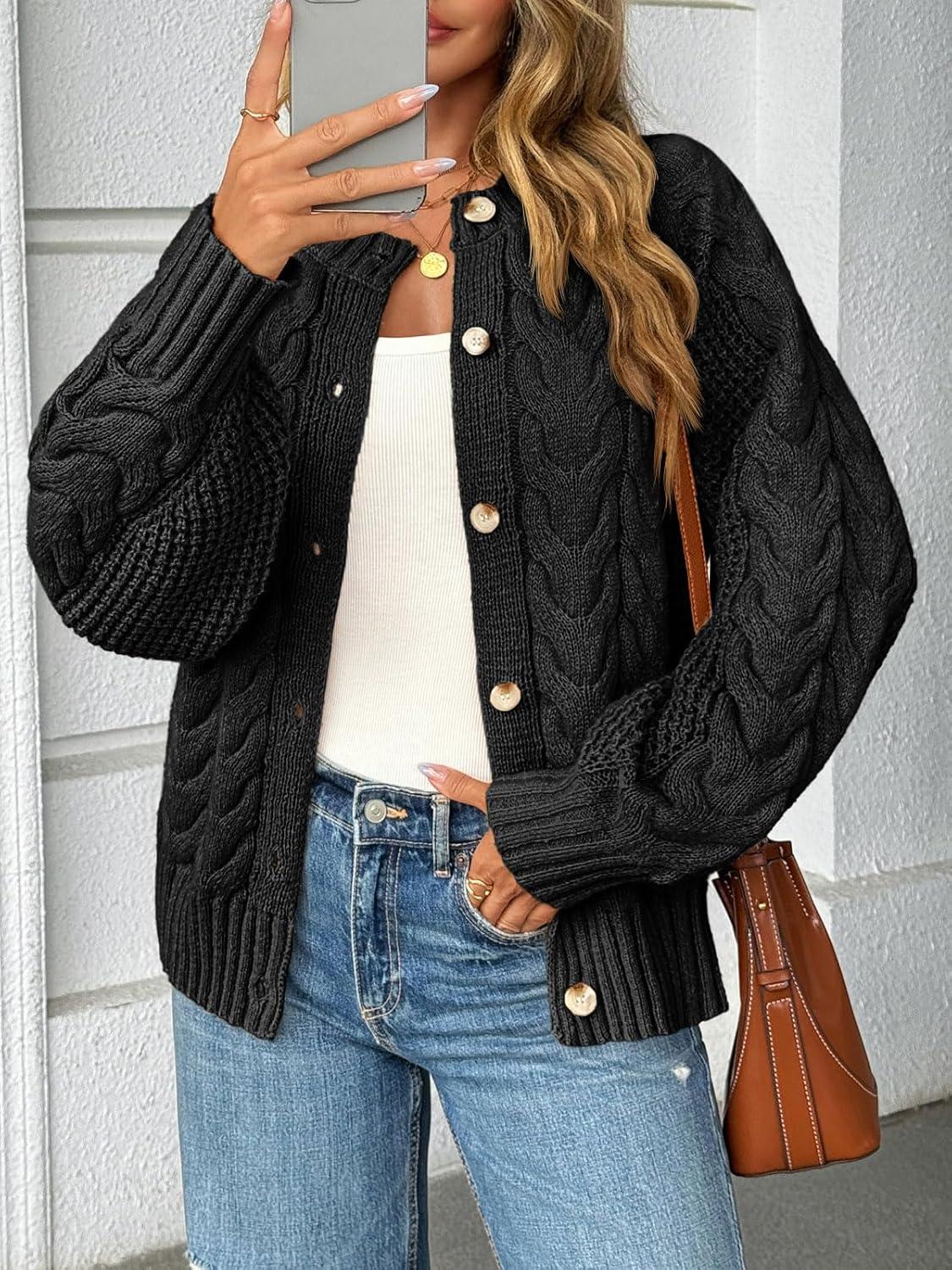 imageSaodimallsu Womens Cable Knit Cardigan Sweaters Button Up Crew Neck Long Sleeve Loose Fall Trendy Sweater CoatsBlack