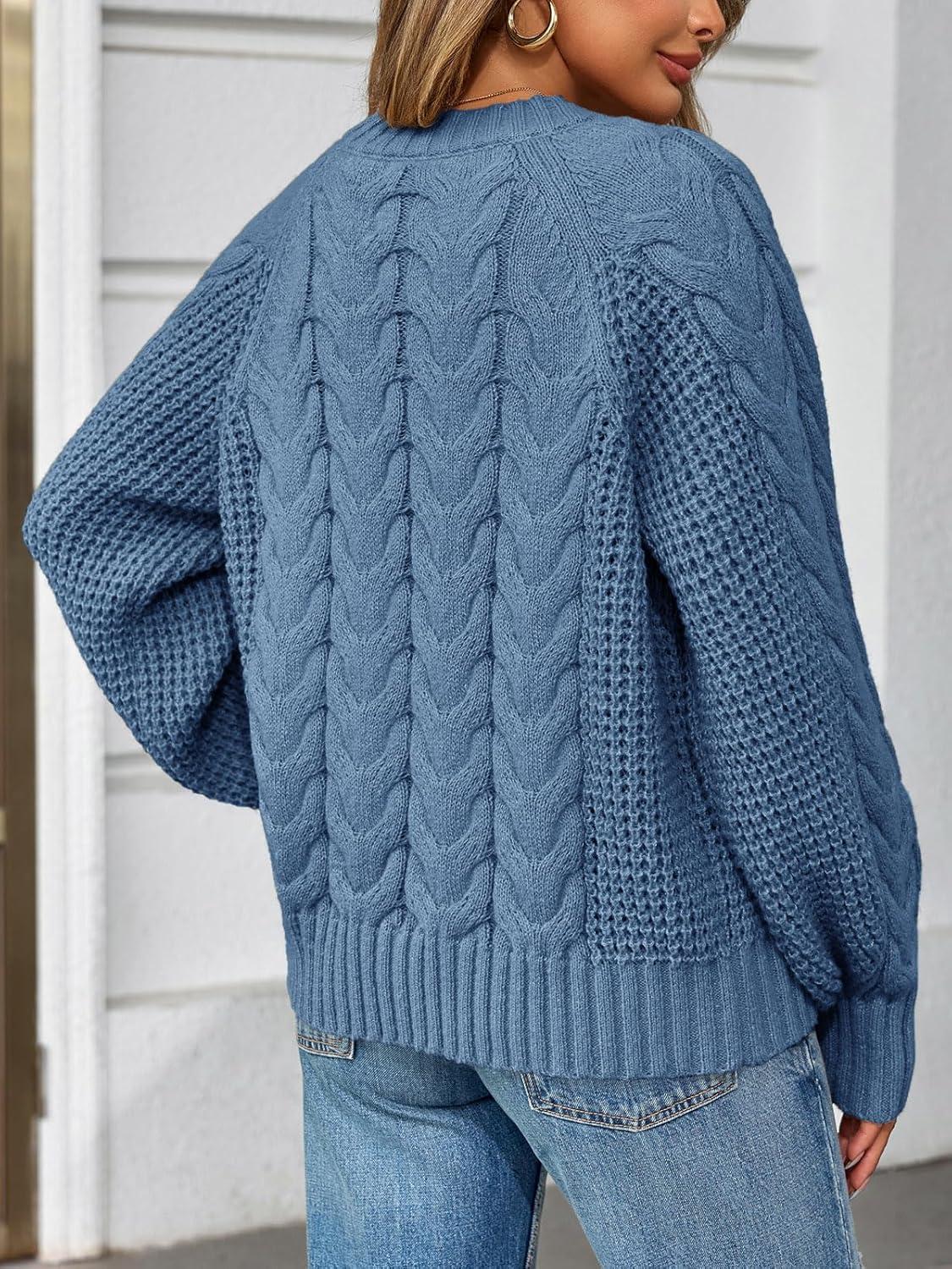 imageSaodimallsu Womens Cable Knit Cardigan Sweaters Button Up Crew Neck Long Sleeve Loose Fall Trendy Sweater CoatsBlue