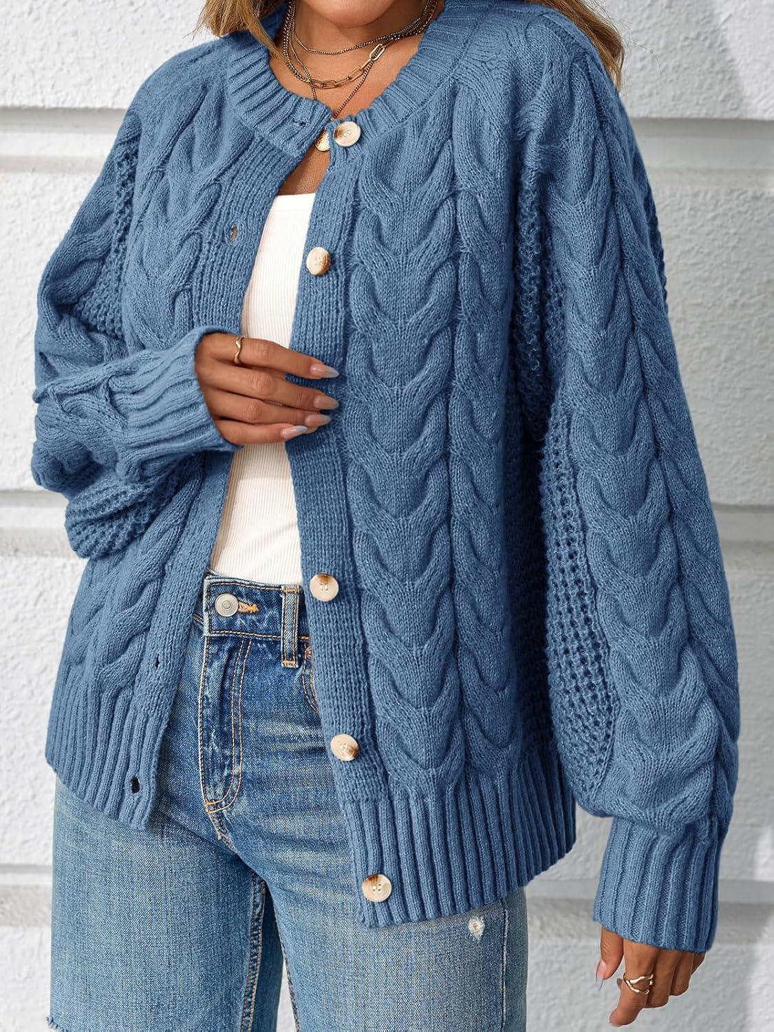 imageSaodimallsu Womens Cable Knit Cardigan Sweaters Button Up Crew Neck Long Sleeve Loose Fall Trendy Sweater CoatsBlue