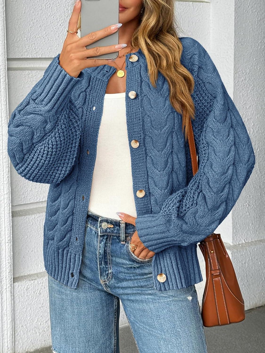 imageSaodimallsu Womens Cable Knit Cardigan Sweaters Button Up Crew Neck Long Sleeve Loose Fall Trendy Sweater CoatsBlue