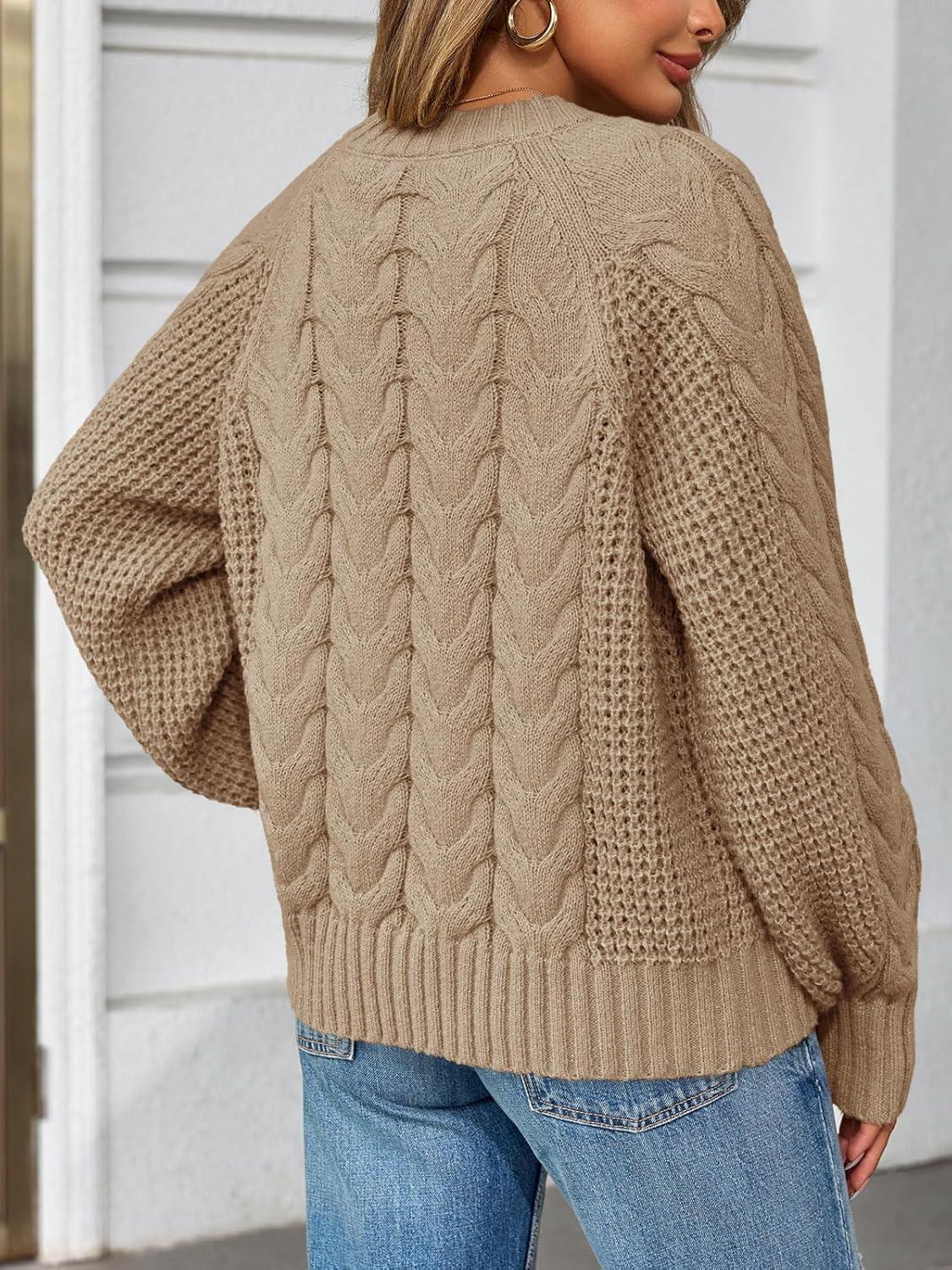 imageSaodimallsu Womens Cable Knit Cardigan Sweaters Button Up Crew Neck Long Sleeve Loose Fall Trendy Sweater CoatsKhaki