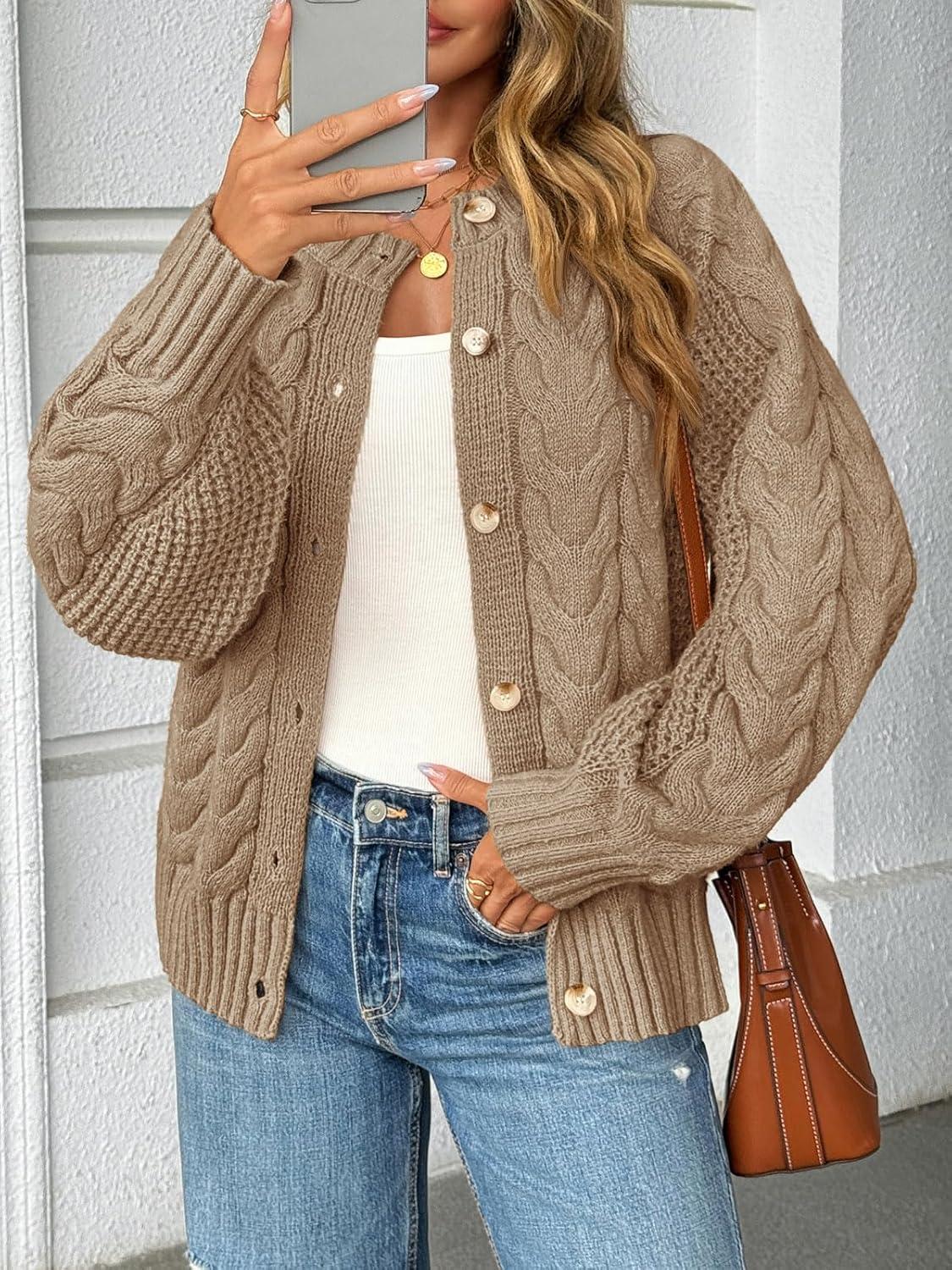 imageSaodimallsu Womens Cable Knit Cardigan Sweaters Button Up Crew Neck Long Sleeve Loose Fall Trendy Sweater CoatsKhaki